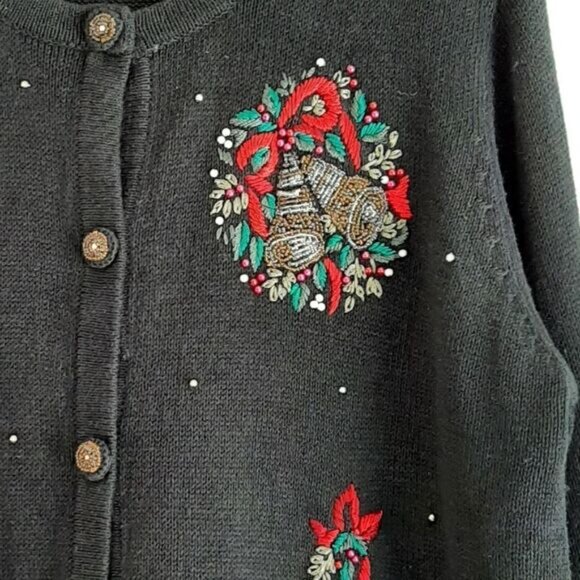 WHITE STAG Vintage Embroidery & Bead Work Christmas Bells Cardigan Sweater Sz XL - Picture 11 of 16